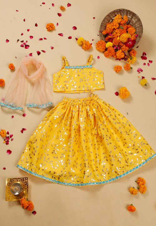 Foil Printed Cotton Lehenga in Yellow