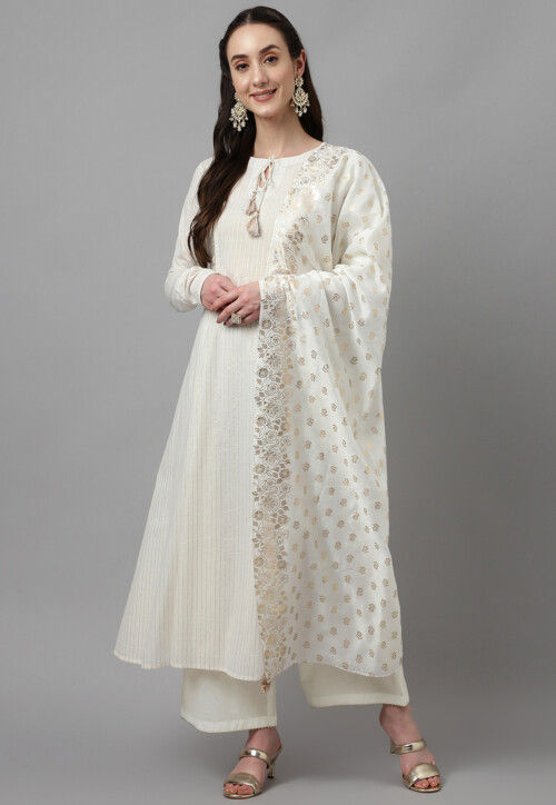 Foil Printed Cotton Pakistani Suit in Off White