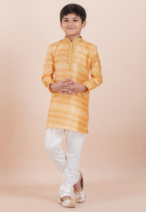 Foil Printed Cotton Silk Kurta Set in Shaded Yellow