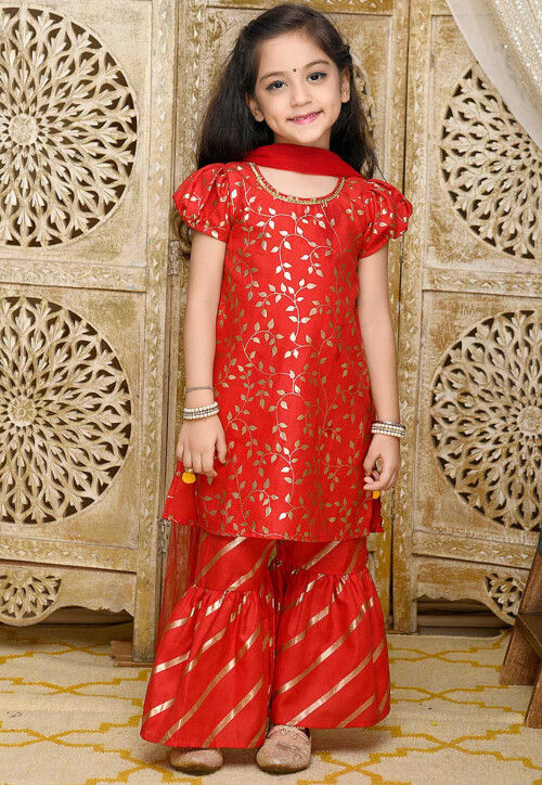 Foil Printed Cotton Silk Pakistani Suit in Red