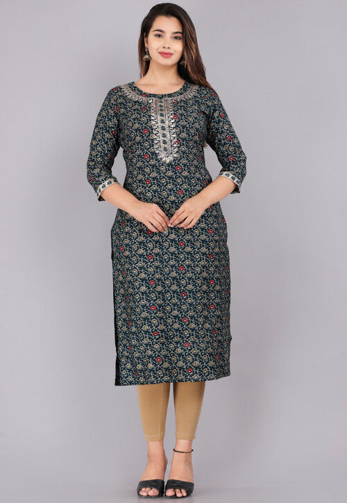 Foil Printed Cotton Straight Kurti in Teal Green