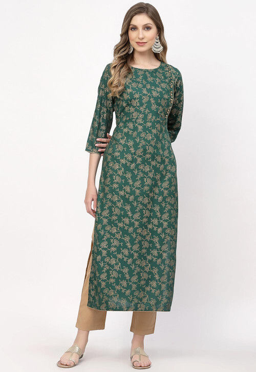 Buy Foil Printed Cotton Viscose Straight Kurta in Teal Green Online ...
