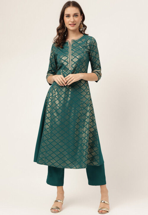 Foil Printed Crepe A Line Suit in Teal Blue