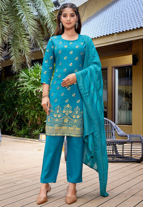 Foil Printed Crepe Pakistani Suit in Blue