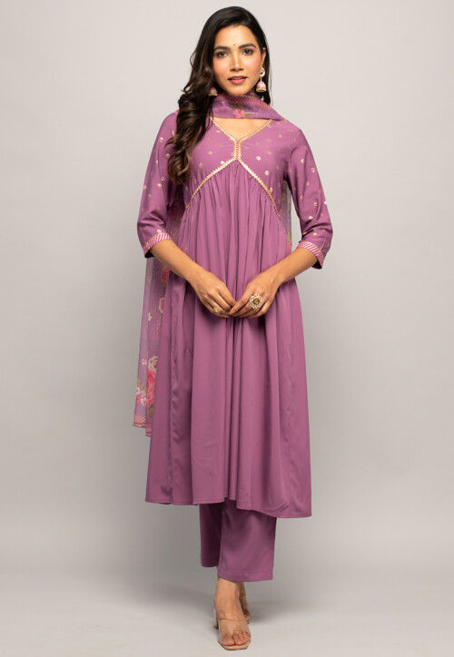 Foil Printed Crepe Pakistani Suit in Purple