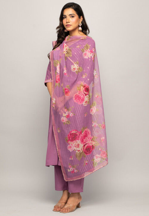 Foil Printed Crepe Pakistani Suit in Purple
