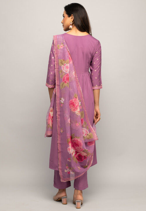 Foil Printed Crepe Pakistani Suit in Purple