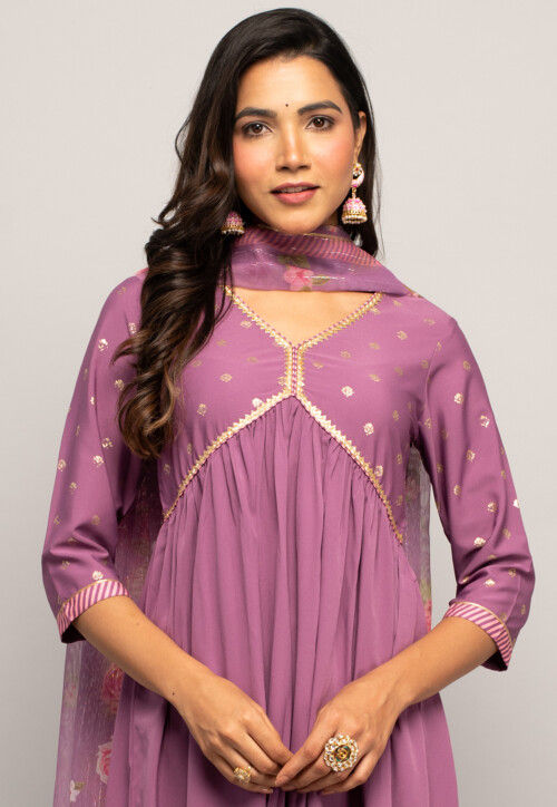 Foil Printed Crepe Pakistani Suit in Purple