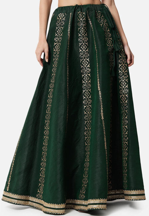 Foil Printed Dupion Silk A Line Skirt in Dark Green