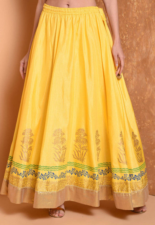 Buy Foil Printed Dupion Silk Flared Skirt in Yellow Online BHG117 Utsav Fashion