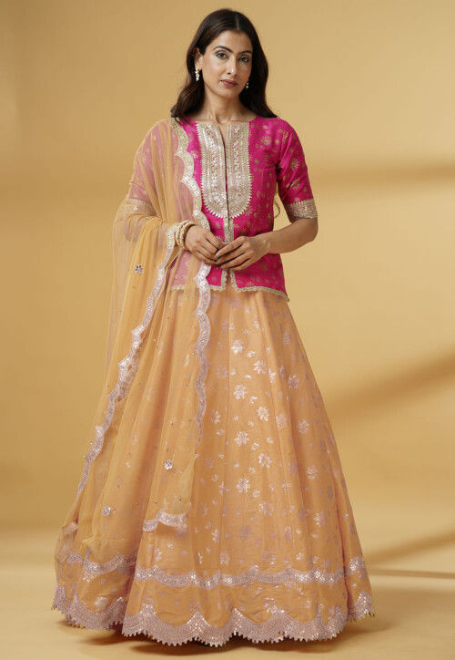 Foil Printed Dupion Silk Lehenga in Beige