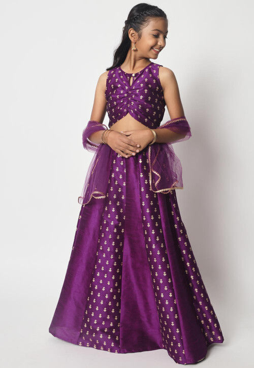 Foil Printed Dupion Silk Lehenga in Dark Purple