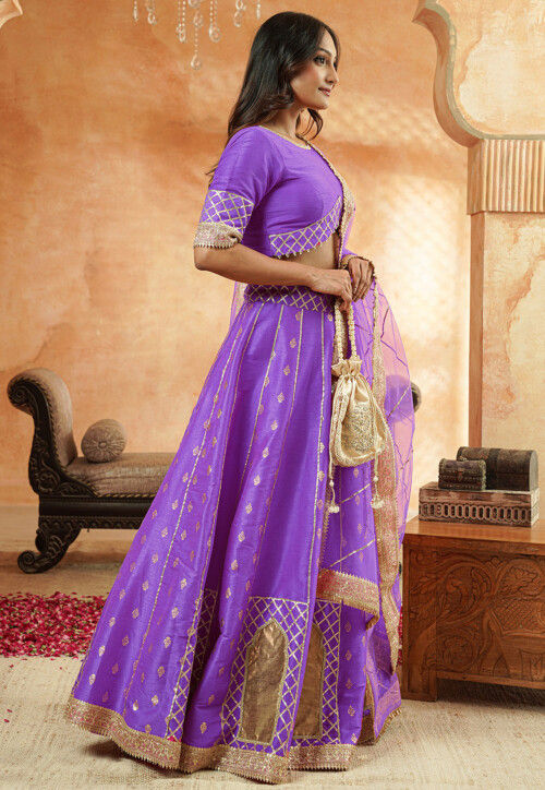 Foil Printed Dupion Silk Lehenga in Lavender