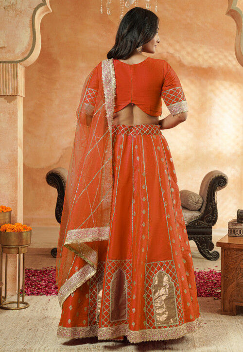 Foil Printed Dupion Silk Lehenga in Orange