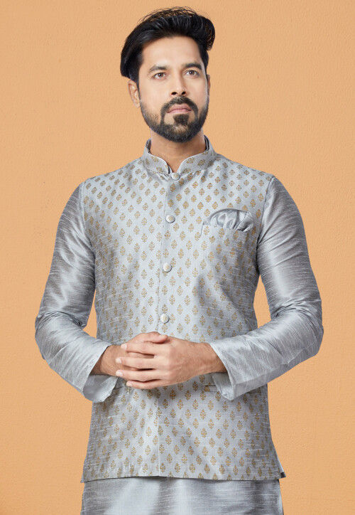 Foil Printed Dupion Silk Nehru Jacket in Grey