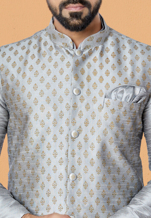 Foil Printed Dupion Silk Nehru Jacket in Grey