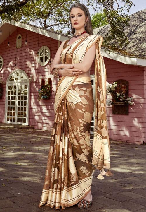 Foil Printed Georgette Brasso Saree in Brown