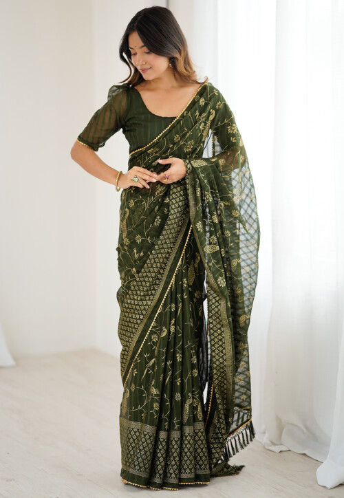 Foil Printed Georgette Brasso Saree in Dark Olive Green