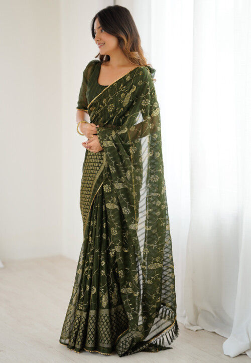 Foil Printed Georgette Brasso Saree in Dark Olive Green
