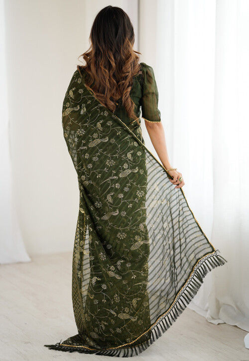 Foil Printed Georgette Brasso Saree in Dark Olive Green