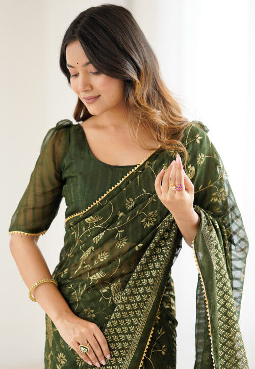 Foil Printed Georgette Brasso Saree in Dark Olive Green