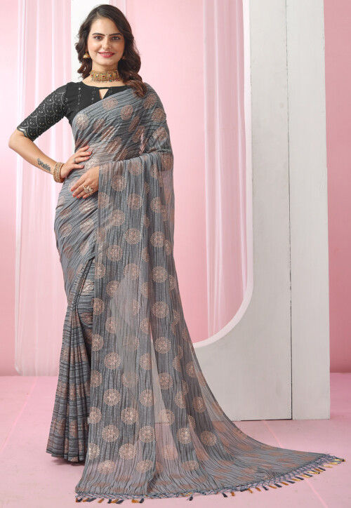 Grey color lycra saree with foil print Party Wear