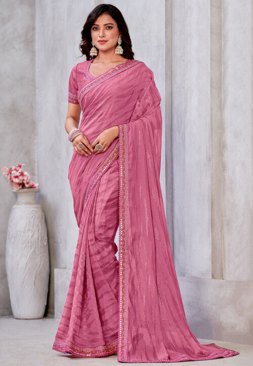 Pink Georgette Saree With Thread, Sequence & Embroidery Work and Georgette  Sequence Blouse for Women, Wedding Saree - Etsy