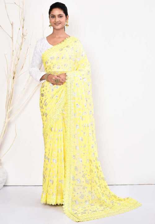 Foil Printed Georgette Saree in Yellow