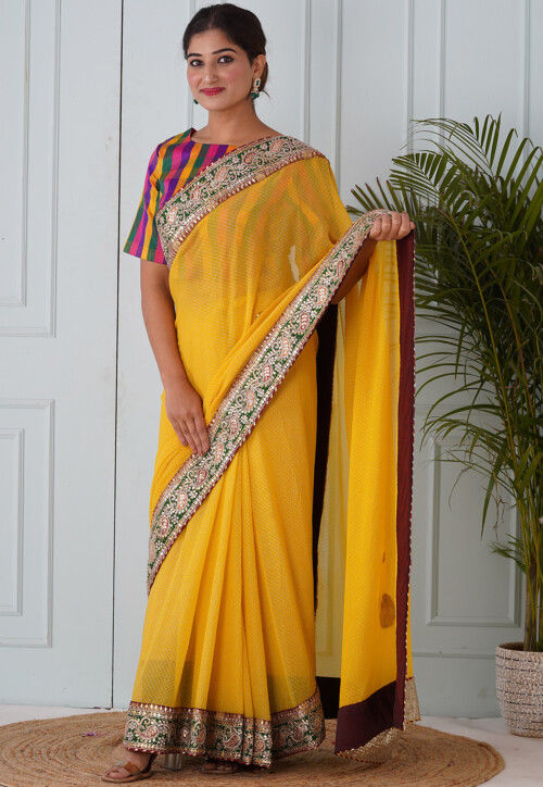 Foil Printed Georgette Saree in Yellow