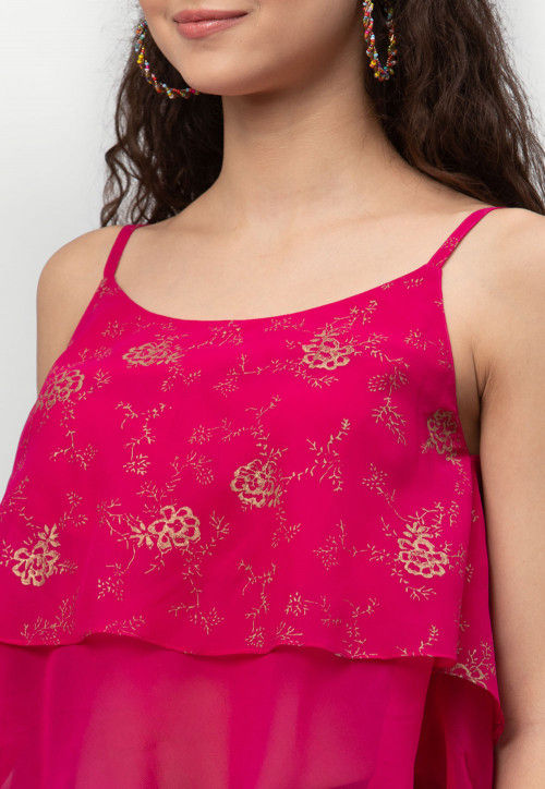 Foil Printed Georgette Strappy Layered Crop Top in Fuchsia