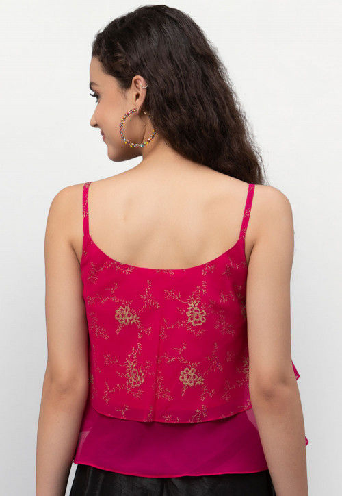 Foil Printed Georgette Strappy Layered Crop Top in Fuchsia