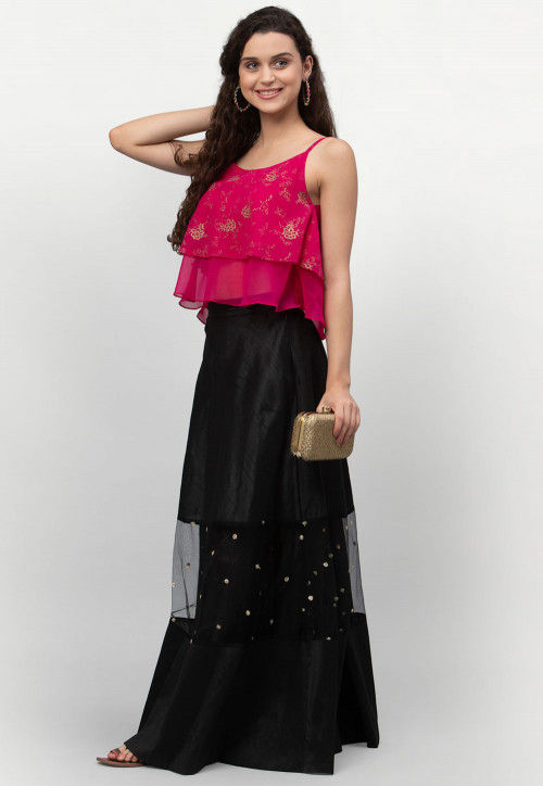Foil Printed Georgette Strappy Layered Crop Top in Fuchsia