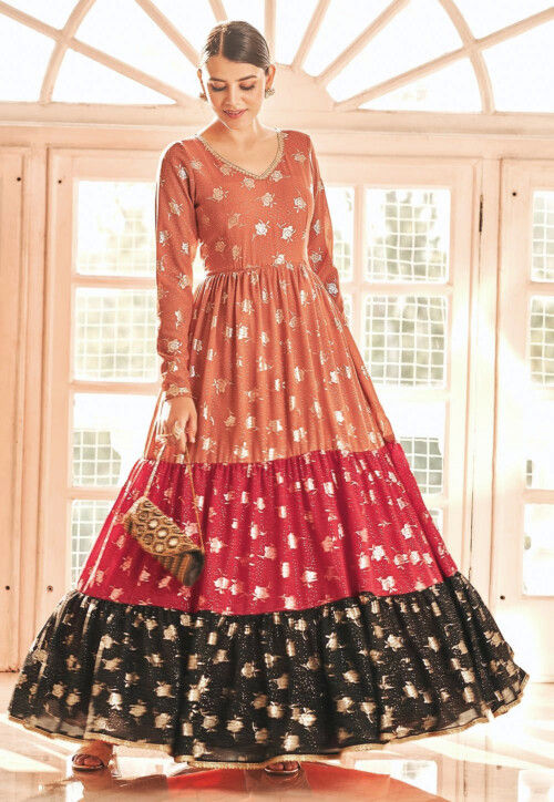 Buy Foil Printed Georgette Tiered Gown in Multicolor Online