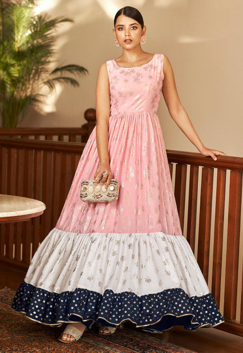 Buy Foil Printed Georgette Tiered Gown in Pink and Multicolor Online : TBZ120 - Utsav Fashion Buy Foil Printed Georgette Tiered Gown in Pink and Multicolor Online : TBZ120 - Utsav Fashion