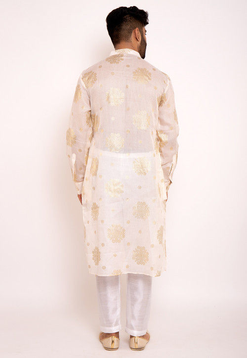 Foil Printed Kota Silk Kurta in Off White
