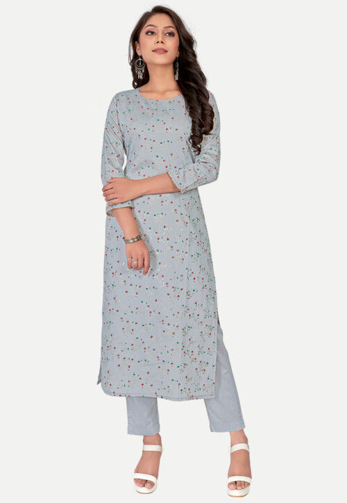 Foil Printed Modal Silk Straight Kurta in Grey