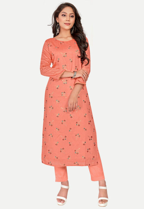Foil Printed Modal Silk Straight Kurta in Orange