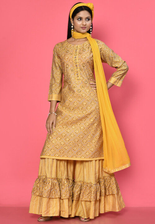 Foil Printed Muslin Cotton Pakistani Suit in Beige and Yellow