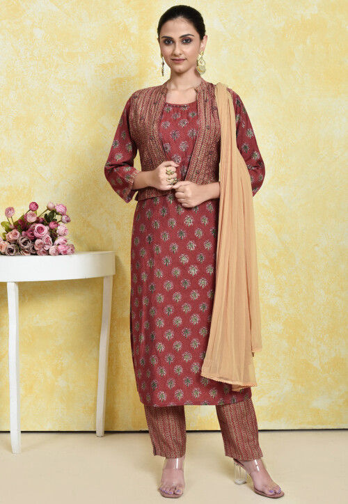 Foil Printed Muslin Cotton Pakistani Suit in Maroon