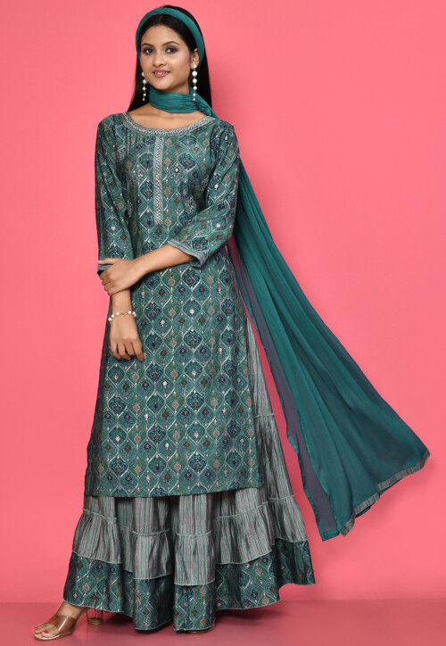 Foil Printed Muslin Cotton Pakistani Suit in Teal Green
