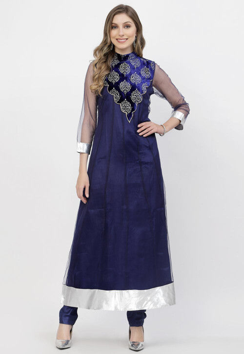 Foil Printed Net Anarkali Kurta in Navy Blue