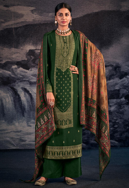 Foil Printed Pashmina Silk Pakistani Suit in Dark Green