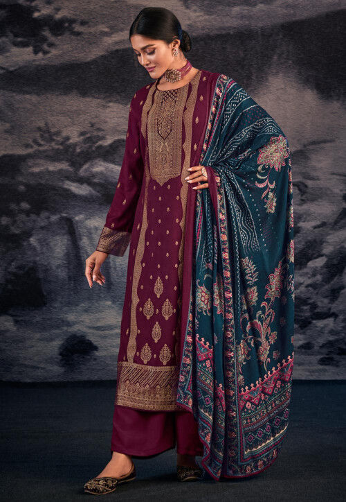 Foil Printed Pashmina Silk Pakistani Suit in Purple