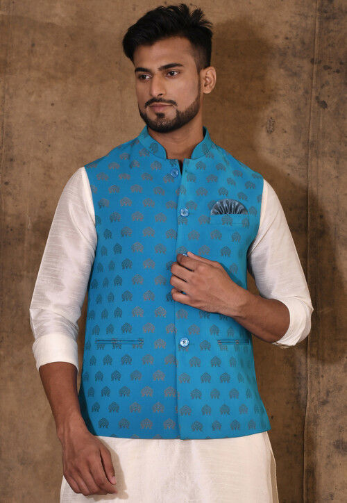 Foil Printed Polyester Nehru Jacket in Blue