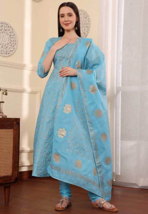 Foil Printed Pure Cotton Aline Suit in Blue