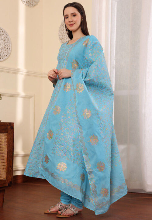 Foil Printed Pure Cotton Aline Suit in Blue