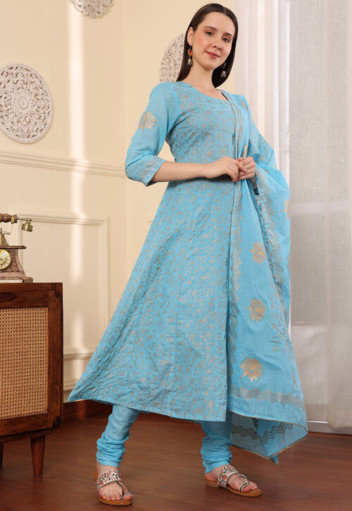 Foil Printed Pure Cotton Aline Suit in Blue