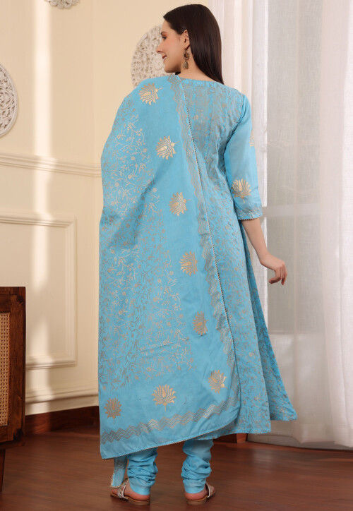 Foil Printed Pure Cotton Aline Suit in Blue