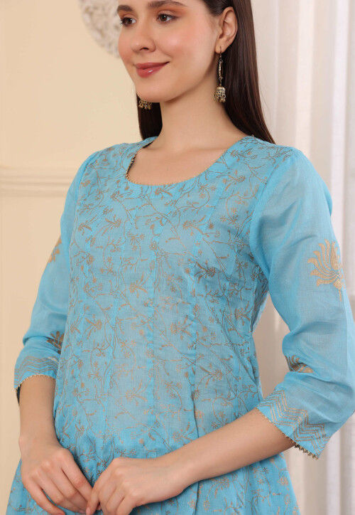 Foil Printed Pure Cotton Aline Suit in Blue