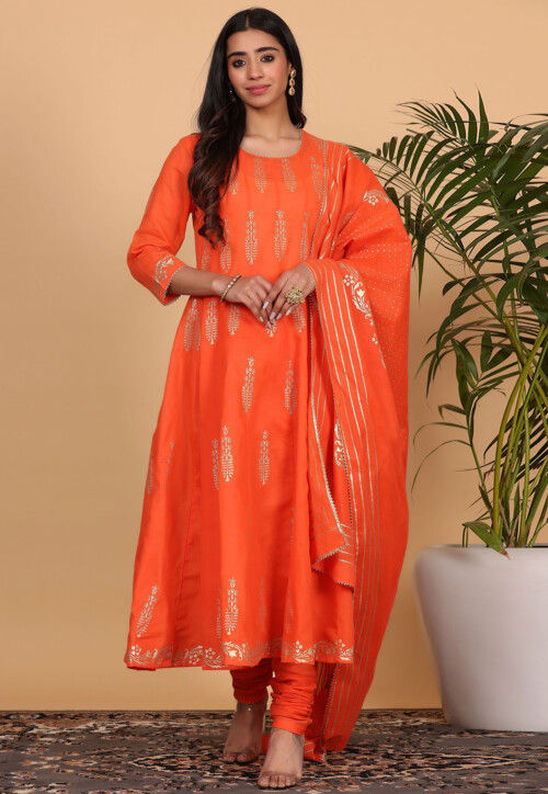Foil Printed Pure Cotton Aline Suit in Orange